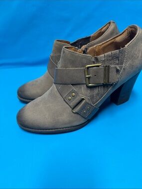 Clarks Gray Suede Buckle Heel Ankle Booties